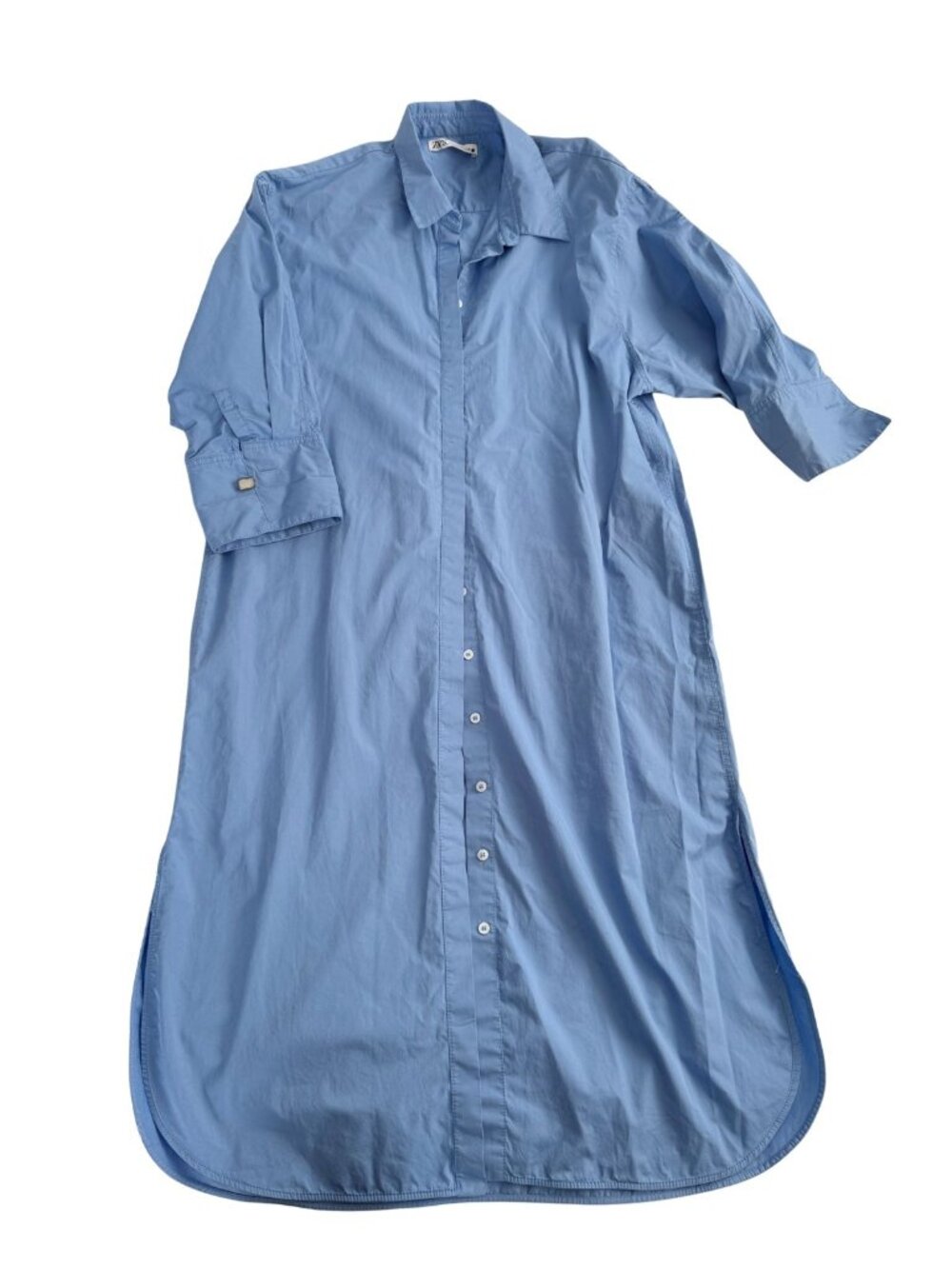 ZARA Blue Poplin Midi Shirt Dress Button Up Side Slit XXL